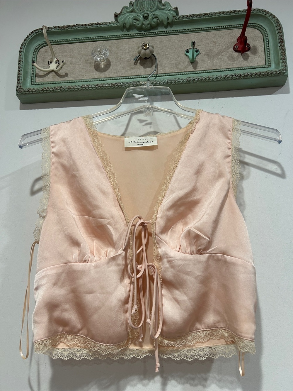 American Threads Blush Pink Silky Lace Tie-Front Cami medium women’s vest top